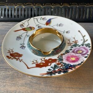 vintage white gold floral ashtray birds & flowers ceramic Asian